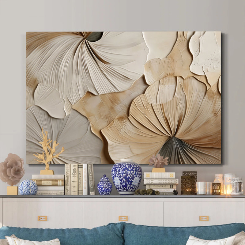 Tableau sculptural en relief à pétales floraux, impression sur toile texturée, 61 x 91 cm (24 x 36 pouces), châssis entoilé, couleur ivoire et beige, idéal pour la chambre, le salon et le bureau.