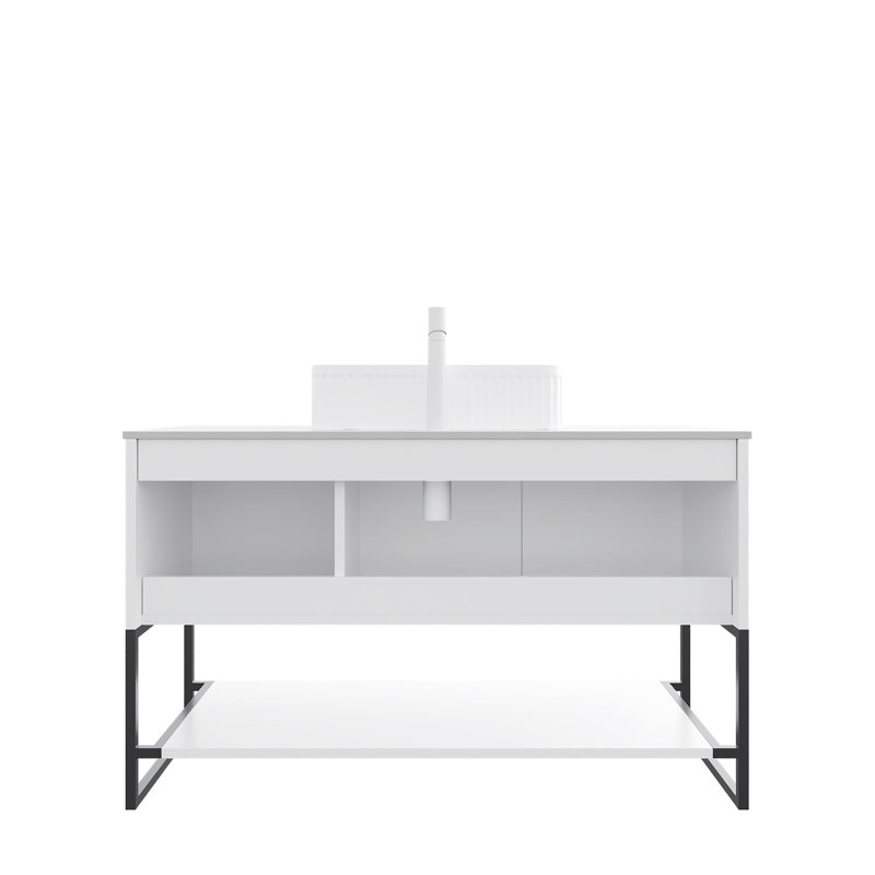 Comptoir et armoire autoportante en pierre frittée blanche Carrara de 48 po avec 3 portes et tablette ouverte TULIO
