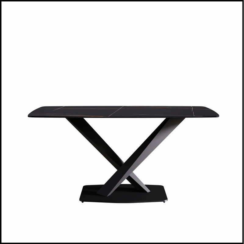 Table de salle à manger moderne en pierre artificielle noire avec pieds en métal pour six personnes, Noir
