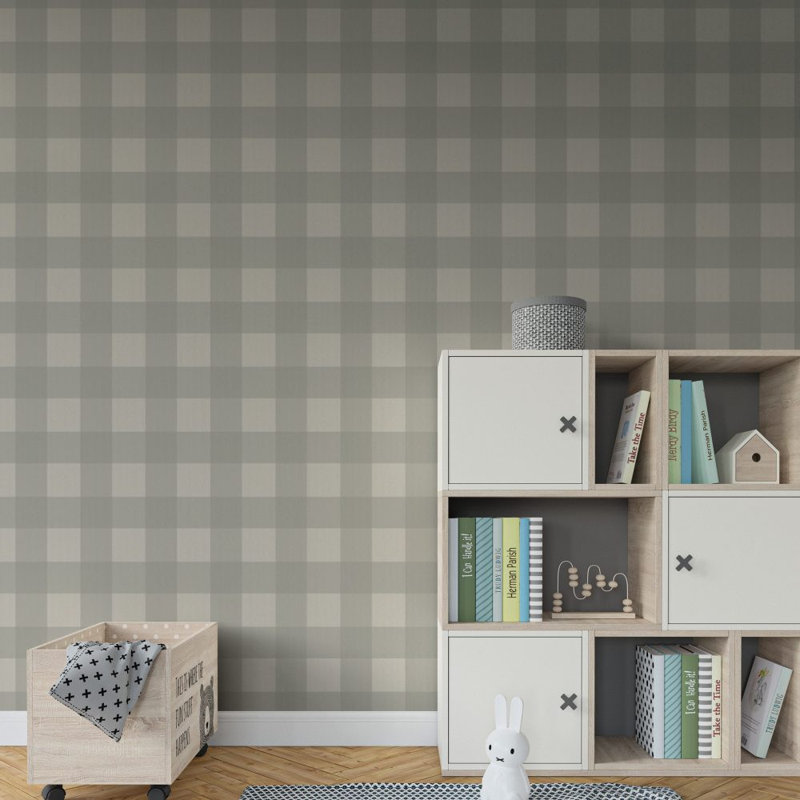 Sage Green Gingham Check Wallpaper With Soft Plaid Pattern, 80" L x 120" W