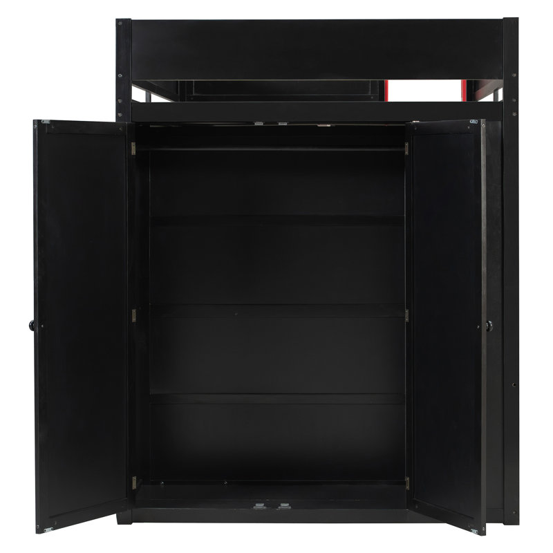 Lit mezzanine double avec bureau, armoire de rangement, bois massif MDF, style moderne, Noir; rouge