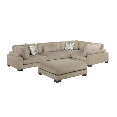 Contemporary 5-Piece Modular Sectional Sofa Ottoman Brown Plush Comfortable Pillows Upholstered Solid Wood Living Room Furniture