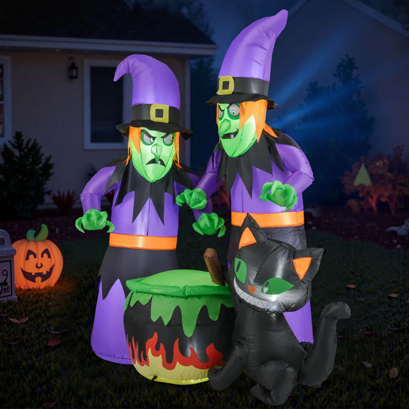 Sorcières d'Halloween gonflables 6 pi avec 2 chaudrons et chat noir