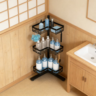 Organisateur de coin debout avec 3 tablettes réglables, 18 crochets et pieds réglables - Rangement de douche antirouille pour salle de bain