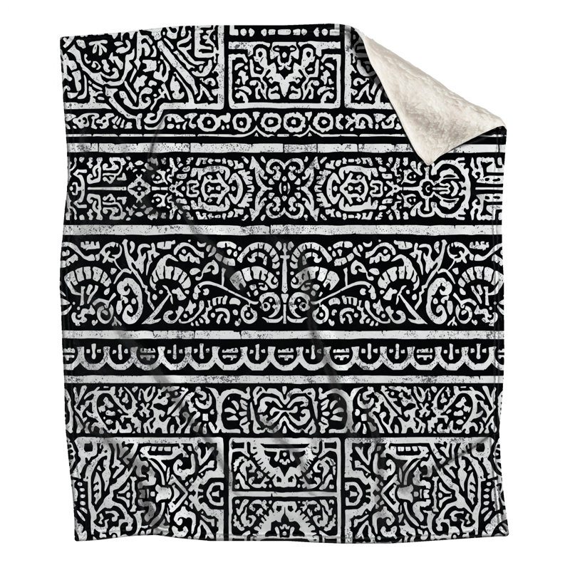 Black White Ornate Pattern Blankets, 60in W x 80in H