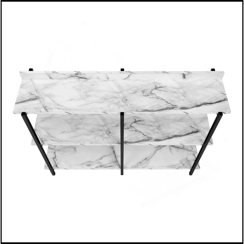 Accent Table, Console, Entryway, Narrow, Sofa, Living Room, Bedroom, White Marble Look Laminate, Black Metal, Contemporary, Modern
