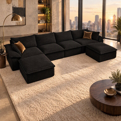 Boneless 144" L and U Shaped Sectional Cloud Sofa Couches For Living Room, Upholstered Deep Seat Comfort Modular Sectional Sofa With 2 Ottoman For Living Room Bedroom