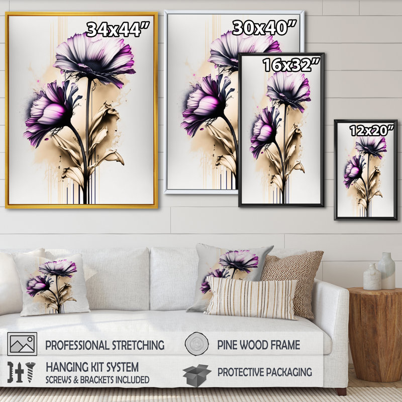 Gerbera rose sur une fusion abstraite III - Impression sur toile, H 32 po x l 24 po x P 1 po, Cadre flottant doré