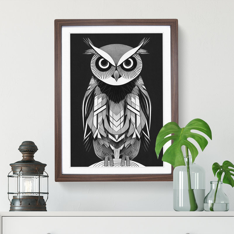 Owl Monochrome No.4 - Framed Print, 46cm H x 34cm W x 2cm D, Walnut