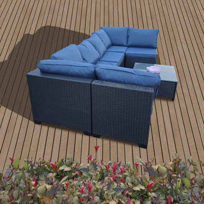 Ensemble de canapé sept pièces avec fauteuil et chaise d'extérieur en rotin noir 7-J,001 boîte 3-1-2-3 avec coussin