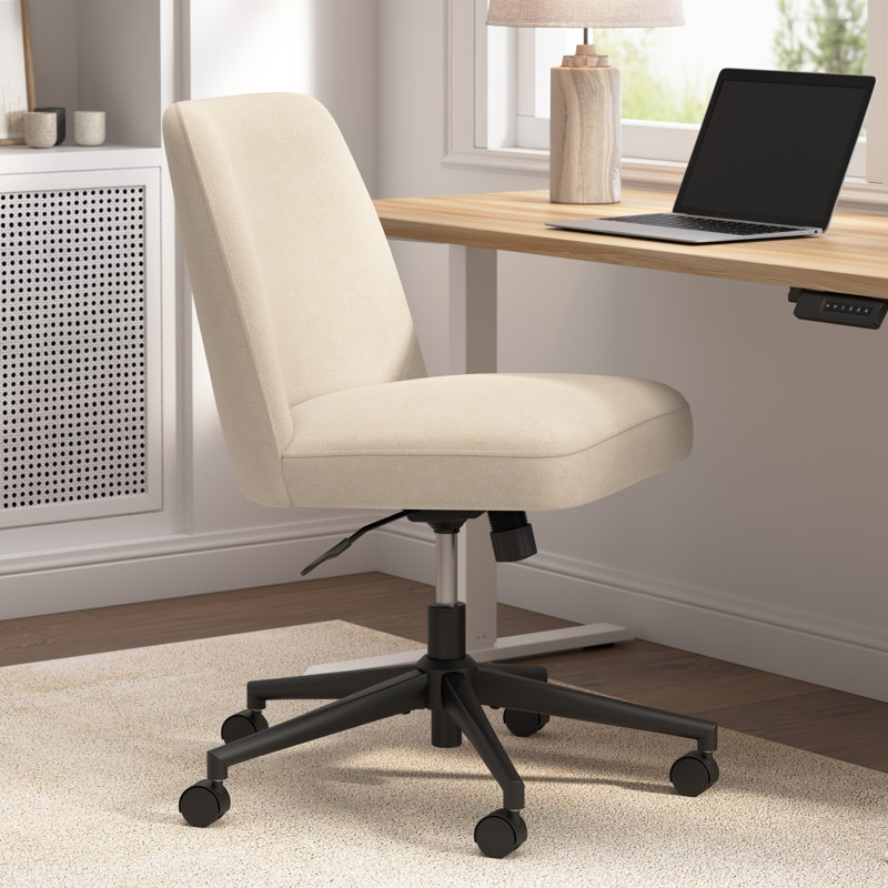 Mid Back Armless Office Chair With Wheels In Soft Beige Fabric, Computer Desk Seating For Personal Workspace, Beige