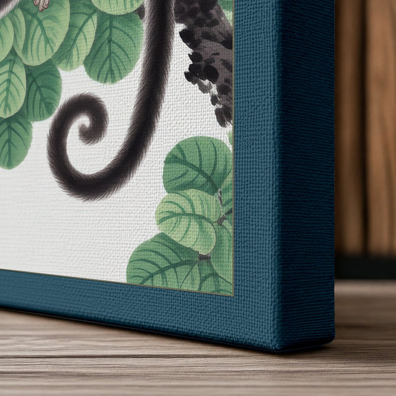 Monkey Among Calligraphy Japandi - Wrapped Canvas, 36x24 - 91.4 x 61.0 cm, Teal Border