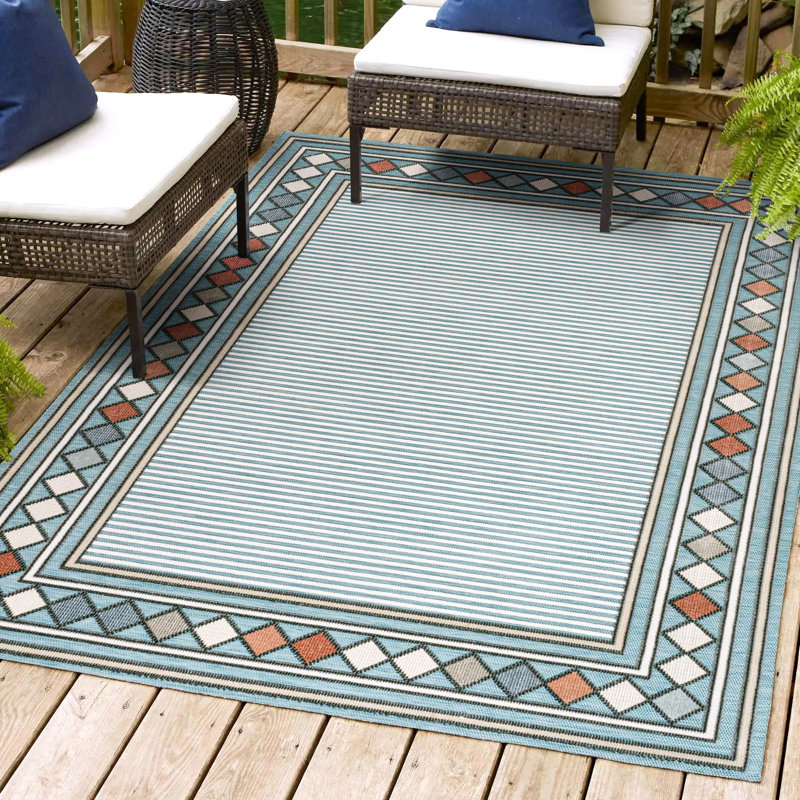 Hermindo High-Low Modern Diamond Border Blue/Ivory Indoor/Outdoor Rug, Rectangle 7'9" x 10'