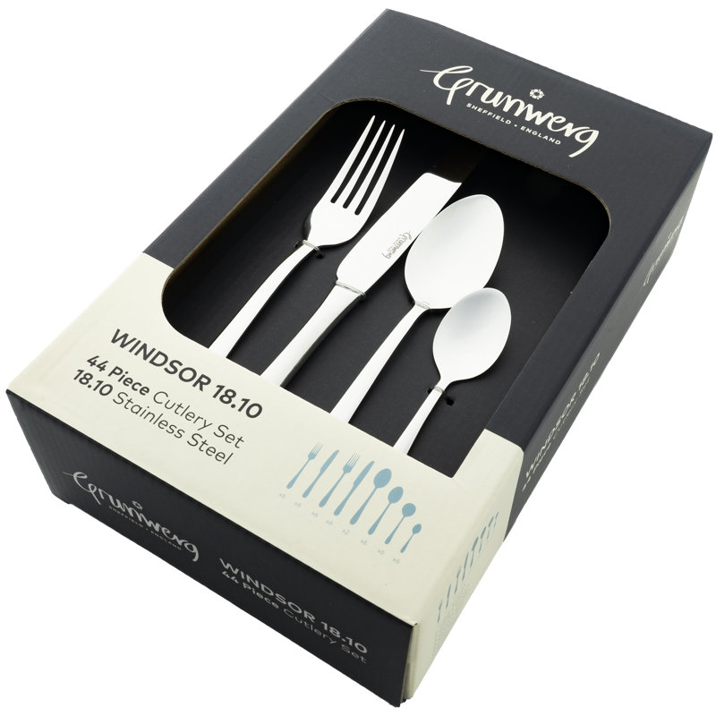 Grunwerg Cutlery 44 Piece Windsor 18/10 Stainless Steel Cutlery Set, Service for 6