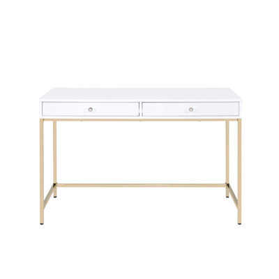 High Gloss White Study Desk With 2 Drawers And Gold Legs Contemporary Writing Top Base