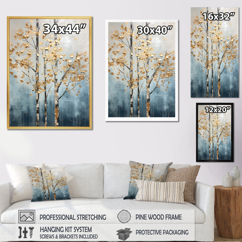Décoration murale Harmony III - arbres dorés et bleus, Cadre flottant doré, H 32 po x l 24 po x P 1 po