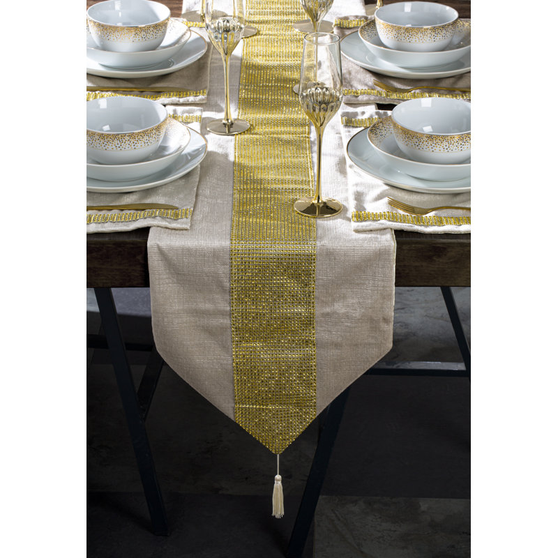 7pc Velvet Runner Set Double Diamante, Off White/Gold