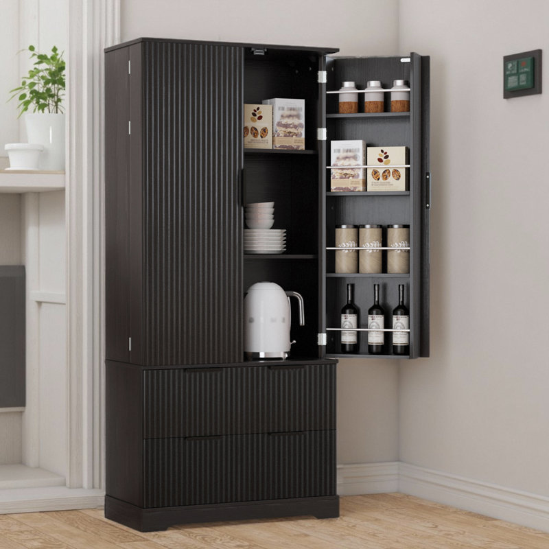 Garde-manger cannelé d'inspiration française avec 2 tiroirs - Organisateur de rangement moderne avec 8 étagères à épices
