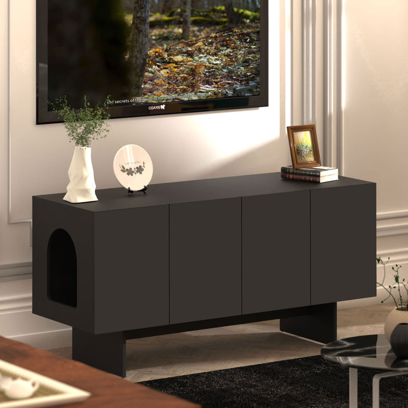 Cat Litter Box Enclosure Furniture with Double Room for 2 Cats, Scandi Style(Blcak), Black