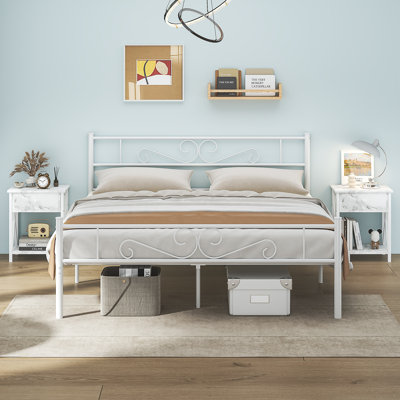 Ensemble de chambre à coucher en métal 3 pièces, cadre de lit en métal avec tête de lit et table de chevet, ensemble de 3 meubles de chambre à coucher de style maison de campagne classique, aucun sommier requis, assemblage facile