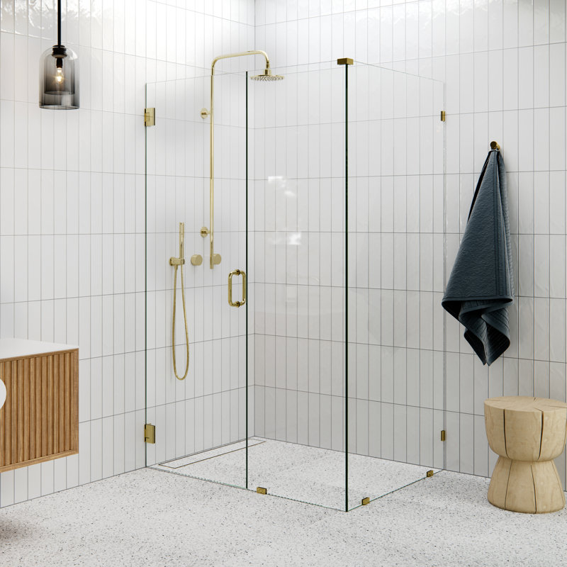 46" W Pivot Frameless Shower Door, Polished Brass