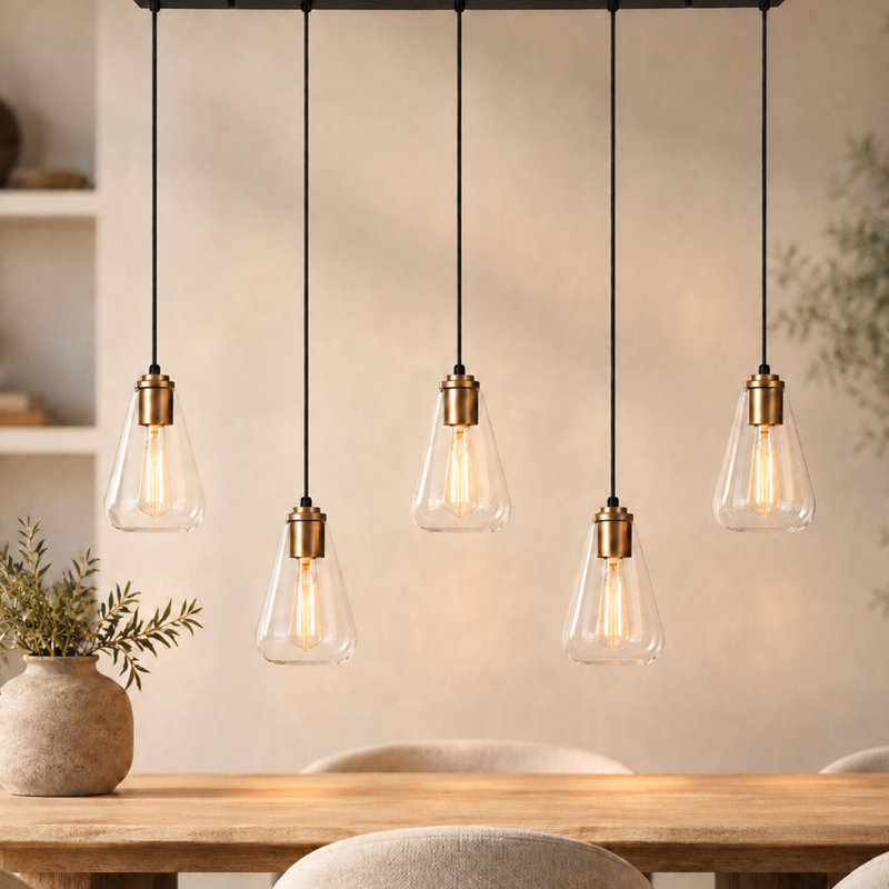 41.7" W 5-Light Dimmable Linear Kitchen Island Pendant With Teardrop Glass Shade