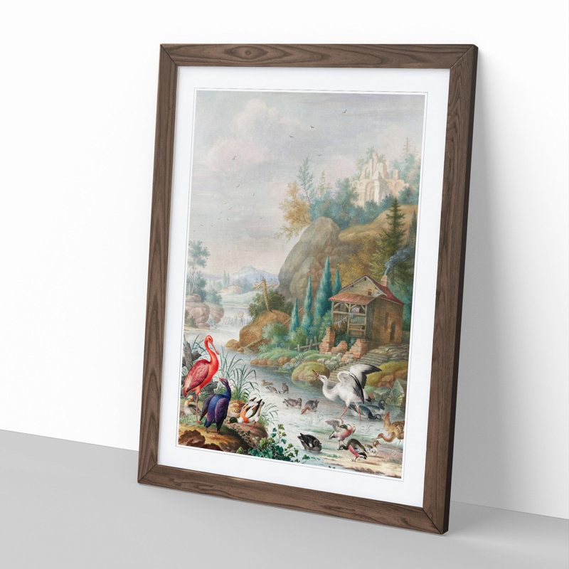 Birds Near a Mountain Stream by Herman Henstenburgh - Picture Frame Graphic Art, 48cm H x 36cm W x 2cm D, Walnut