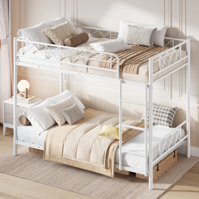 Lit superposé pour adolescents et adultes, structure robuste de style maison avec échelle et garde-corps de sécurité, support à lattes en métal, aucun sommier requis, conception peu encombrante