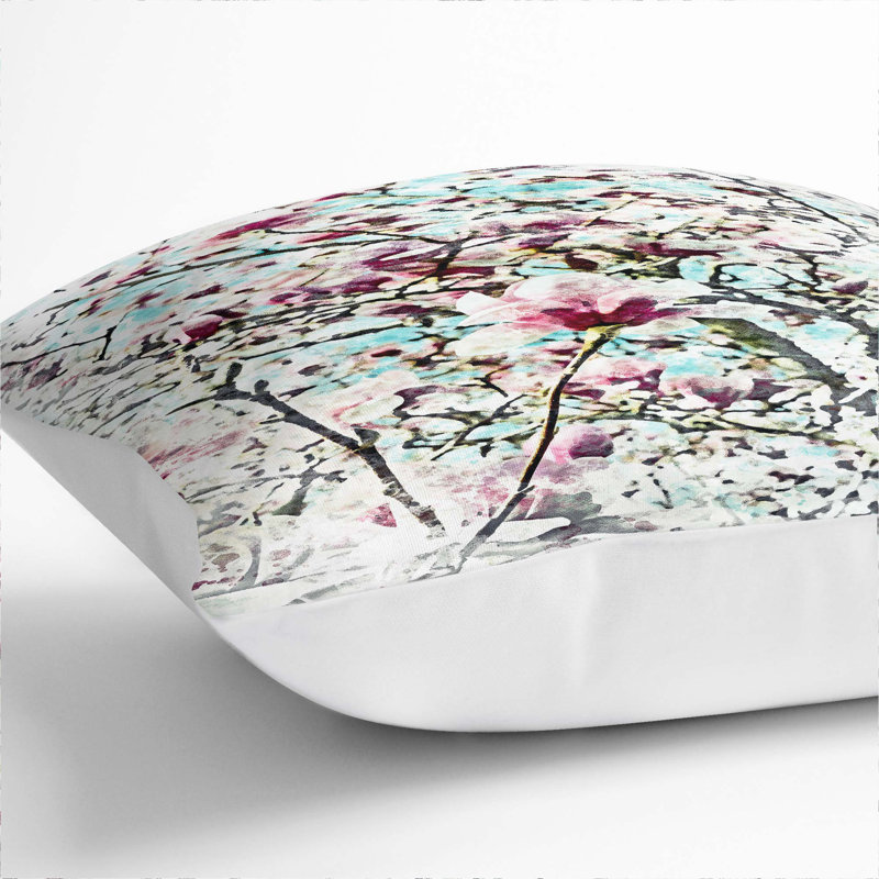 Pink Magnolia Blossom Tree Cushion with Filling, 55cm H x 55cm W x 20cm D, White