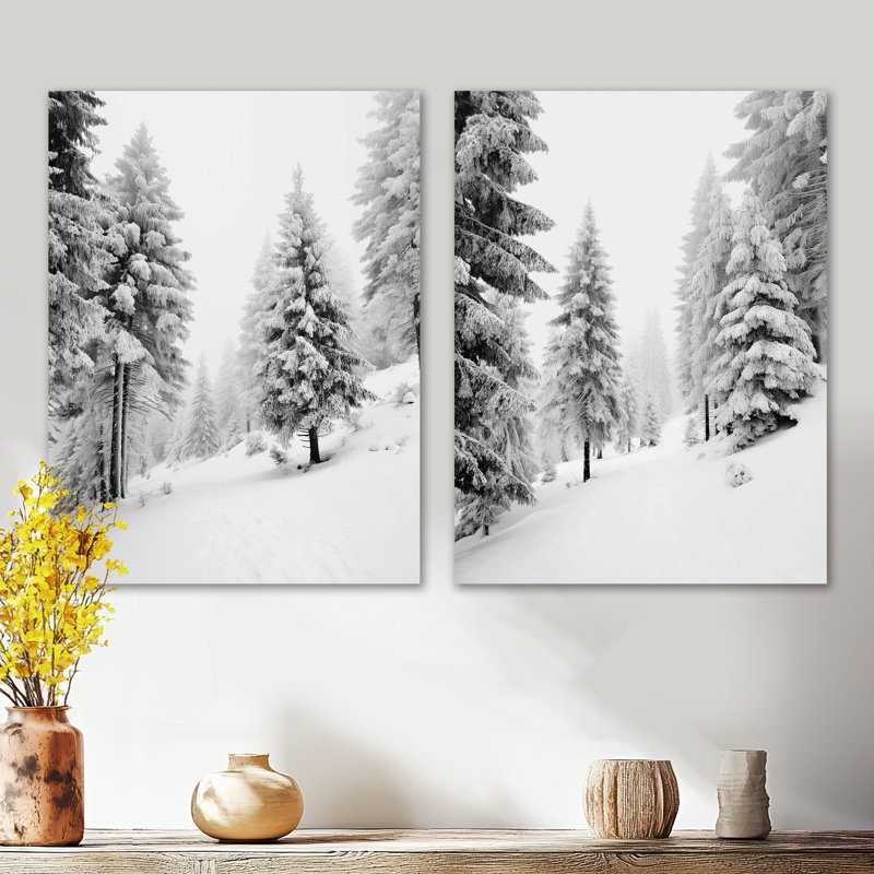 Ensemble de 2 impressions sur neige enneigées dans les Laurentides - Forêt blanche en métal, 32" H x 48" W