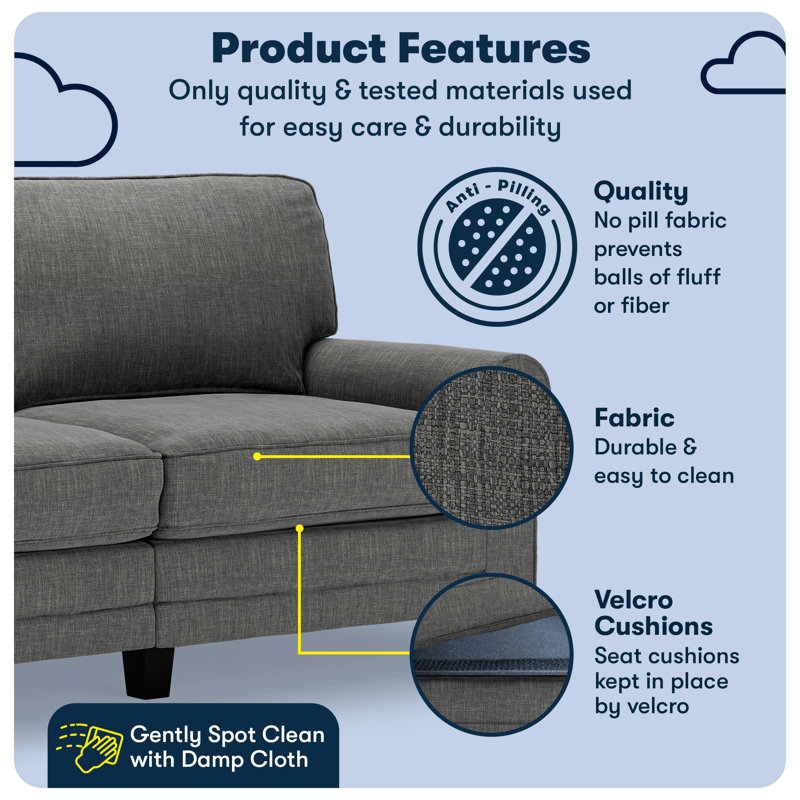 Serta Copenhagen 73" Rolled Arm Sofa, Easy Care Fabric, Soft Pillow Back, Pocket Coil Seat Cushions, Gray Polyester