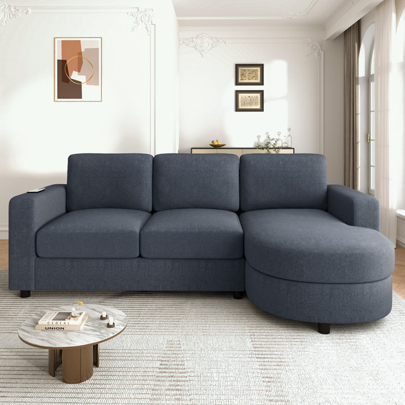 Canapé en L avec méridienne incurvée, ports USB et poches de rangement latérales, Chenille bleu