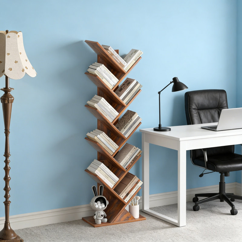 10-Tier Tree-Shaped Bookcase, Freestanding Wooden Bookshelf For Compact Spaces, Storage Organizer Shelving For Books/Cds/Magazines, Floor-Standing Book Rack