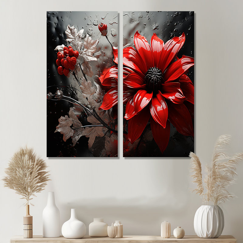 Symphonie botanique rouge et grise II - art mural moderne bleu 2 panneaux, 20" H x 24" W, Wrapped Canvas, Does Not Apply