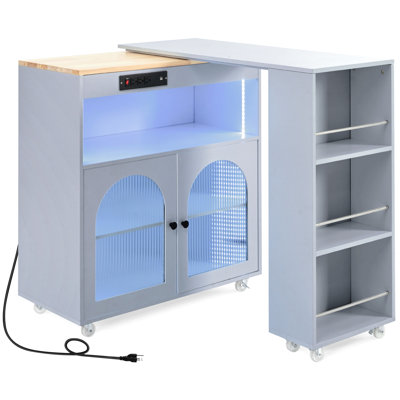 Kitchen Island With Extended Table, Fluted Glass Doors, Led , Power Outlet & Large Storage Capacity, Blue Grey Tabletop, Lighting