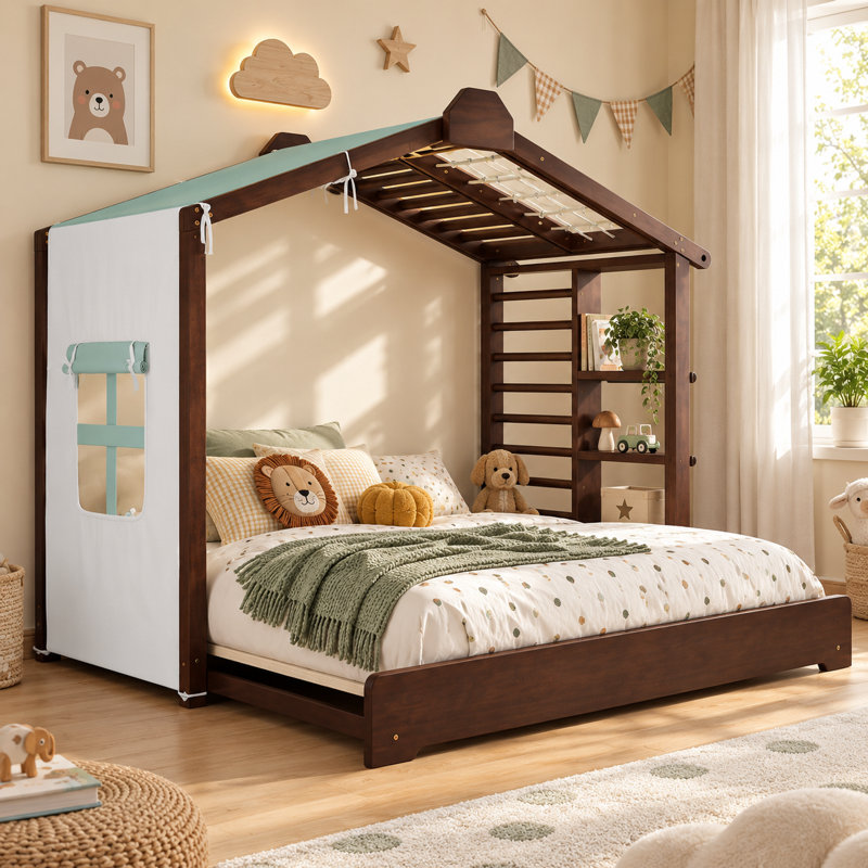 Structure de lit simple Ainsworth avec rideaux de tente enroulables, lit gigogne escamotable et tablette de rangement intégrée, lit de jeu en bois avec support à lattes