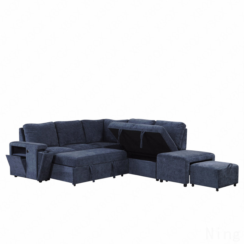 U_STYLE  L-Shaped Padded Modular Sofa With Storage Space, Blue Polyester