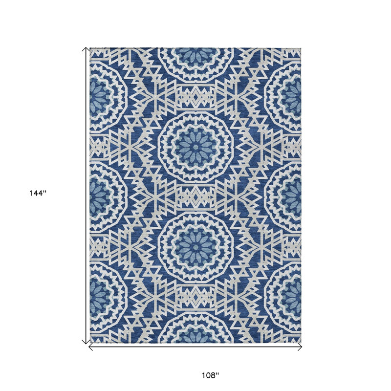 Tapis intérieur lavable 9 pi x 12 pi bleu marine ivoire et gris à médaillon floral