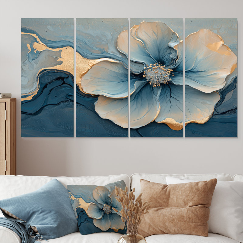 Abstrait géranium marbré en bleu doré I - Art mural marbré - Art mural moderne sur toile, H 32 po x l 64 po