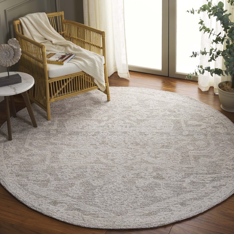 Daneshia Ebony Hand Tufted Wool/Cotton Oriental Rug in Ivory/Grey, Round 6'