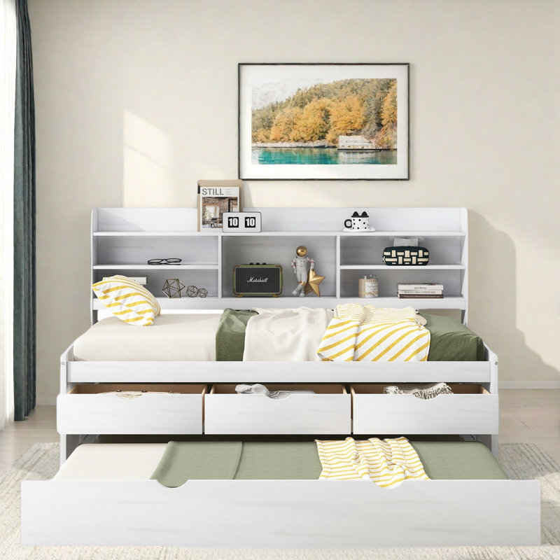 Lit de jour en bois avec tablettes intégrées, 3 tiroirs de rangement et lit gigogne, Blanc délavé