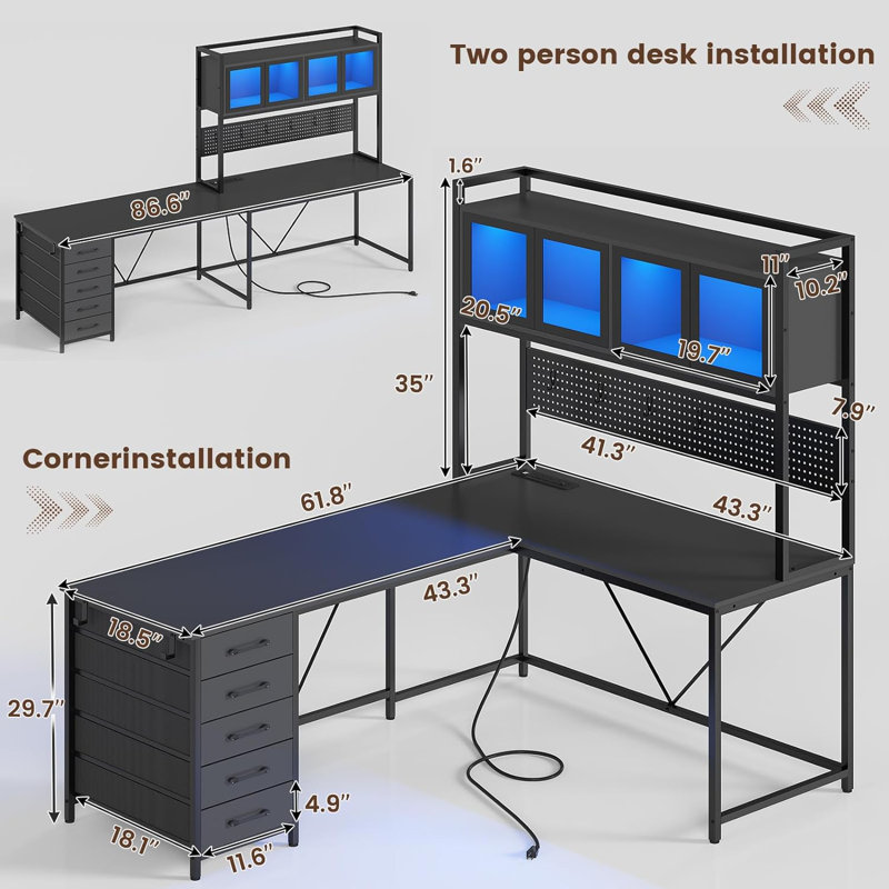 Roarke L-Shaped Computer Desk with Power Outlet, Black