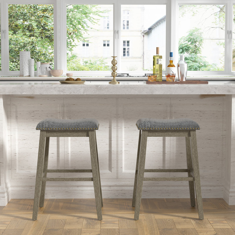 Wood Upholstered Bar Stools (Set of 2), Gray, Bar Stool (29" Seat Height)