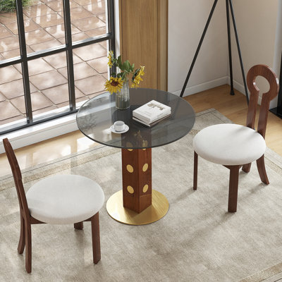 Modern Round Dining Table, 33.5" Tempered Glass Table With Wooden Leg & Gold Base, 2 - Person Kitchen Table For Small Space, 150Lbs Weight Capacity(Only The Negotiation Table)