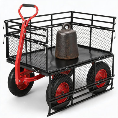 Chariot de jardin en acier robuste - chariot utilitaire 3-en-1 de capacité de 1400 lb avec côtés en filet amovibles, roues tout-terrain de 16 po, poignée rotative 2-en-1, polyvalent pour la cour, la ferme et l'aménagement paysager