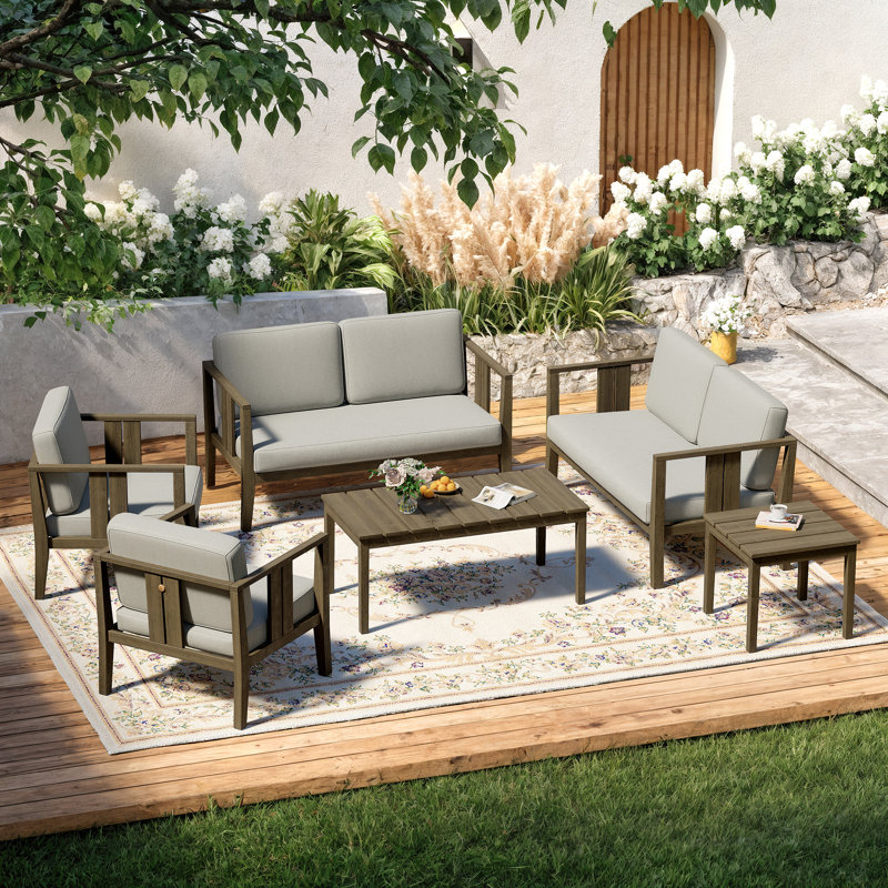 Junco Teak Outdoor Six-person Patio Set With Cushions And Two Tables, Brown, Light Camel