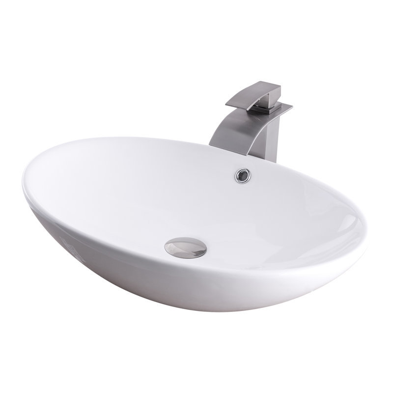Lavabo de salle de bain ovale en céramique avec robinet, Nickel brossé