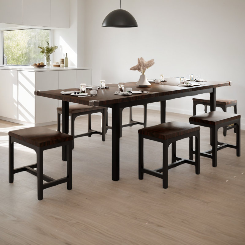 Ensemble de table de salle à manger, table extensible 7 pièces de 63 po pour 4 à 8 personnes, table de salle à manger de style Mid-Century avec 6 tabourets carrés