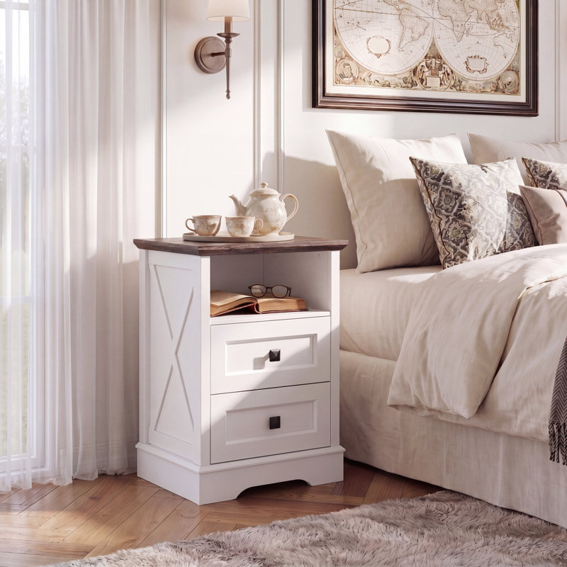 Table de chevet à 2 tiroirs, commode à tiroirs pour chambre à coucher, commode avec rangement en bois, Blanc