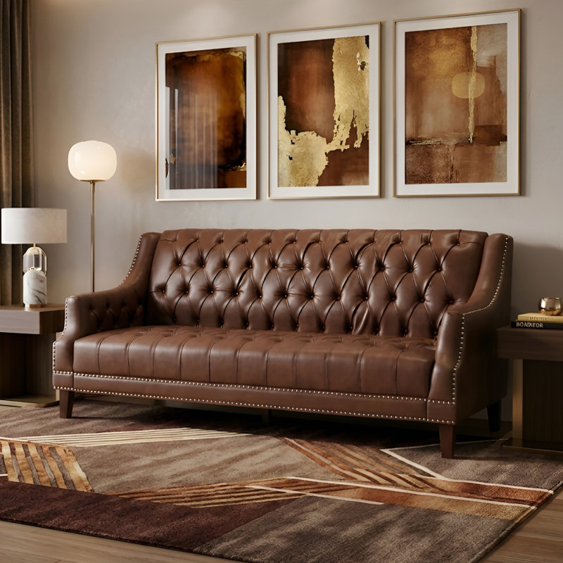 Mid Century Faux Leather Sofa With Solid Wood Legs, Tufted Button Back Sofa For Bedroom/Lliving Room/Guest Room, Brown